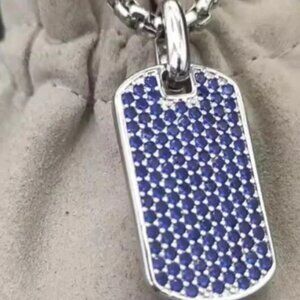 David Yurman Men's Sterling Silver 35mm Chevron Sapphire Dog Tag ** See Note **